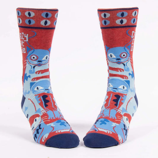 BlueQ Men's Crew Socks - Crazy Cat Dude